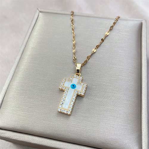 Modern Style Cross Stainless Steel  Copper Enamel Plating Inlay Shell Zircon Pendant Necklace