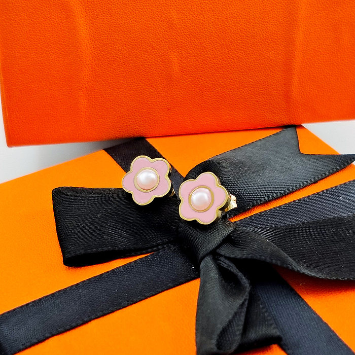 1 Pair Cute Flower Enamel Inlay Stainless Steel Artificial Pearls Ear Studs