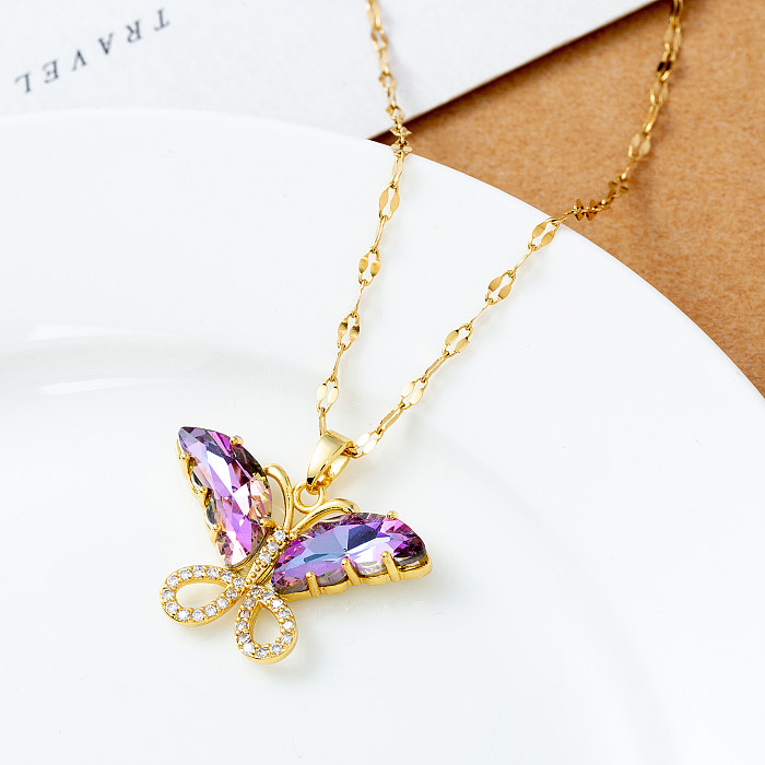 1 Piece Elegant Butterfly Stainless Steel  Inlay Zircon Pendant Necklace