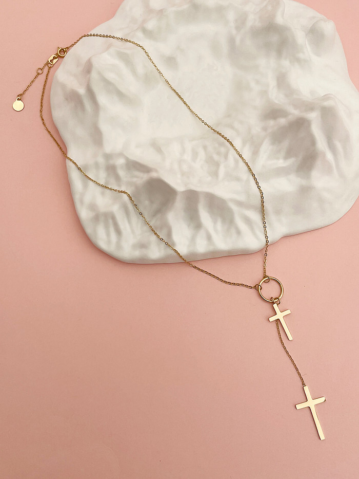 Elegant Sweet Artistic Cross Stainless Steel  Polishing Tassel Plating Gold Plated Pendant Necklace