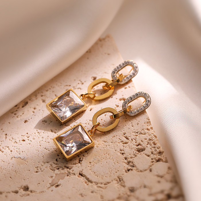1 Pair Simple Style Commute Square Plating Inlay Stainless Steel Zircon 18K Gold Plated Drop Earrings
