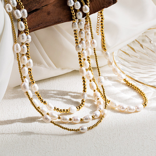 Collar chapado en oro de 18 quilates hecho a mano con cuentas de perlas de agua dulce de acero inoxidable ovalado dulce estilo IG