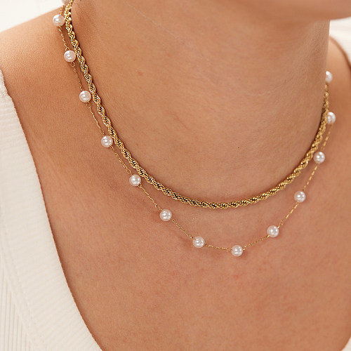 Collar de cuentas torcidas de doble capa de perlas de acero inoxidable con diseño minoritario de moda europea y americana para mujer