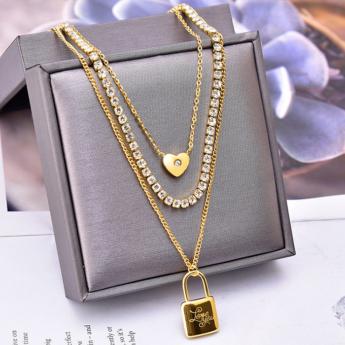 Fashion Heart Shape Stainless Steel Layered Inlay Zircon Layered Necklaces 1 Piece