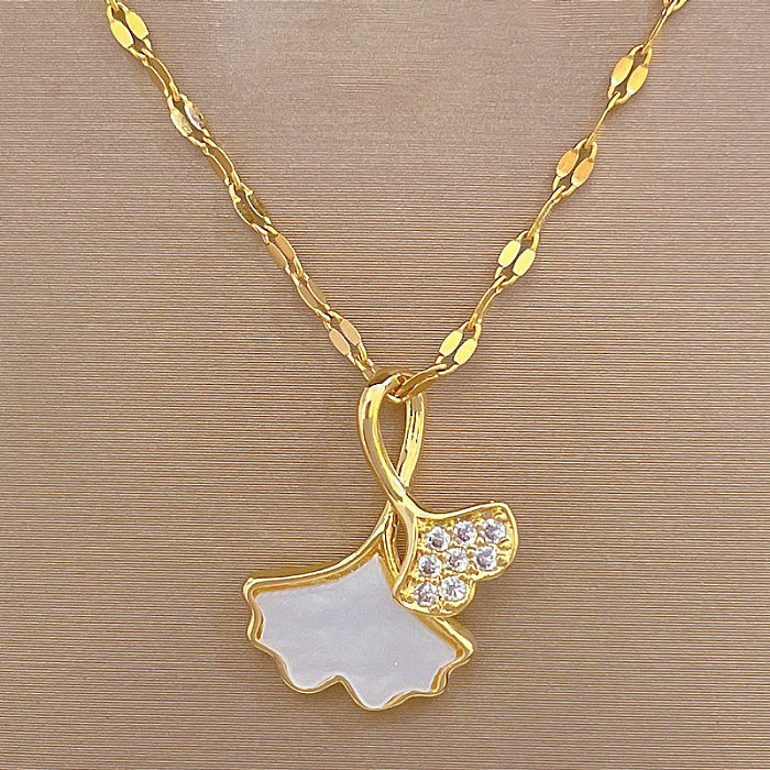 Simple Style Commute Ginkgo Leaf Stainless Steel  Copper Inlay Artificial Gemstones Pendant Necklace