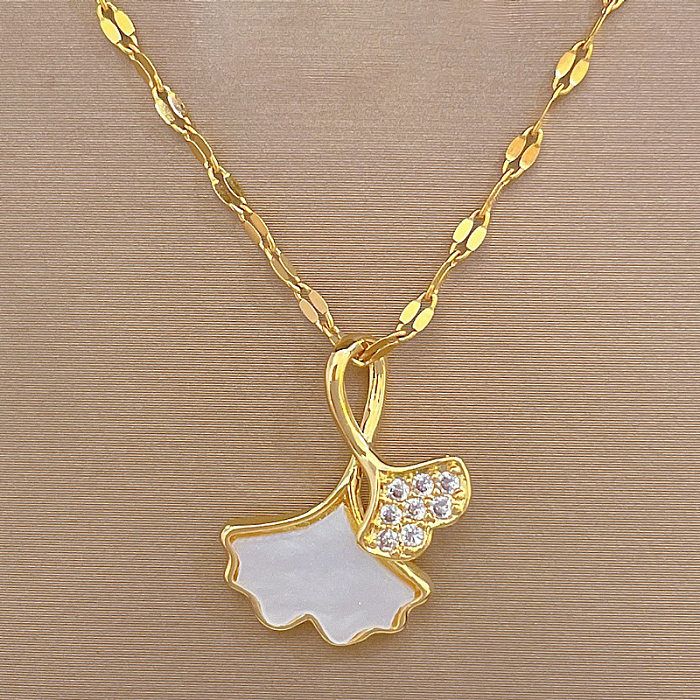 Collier pendentif en forme de feuille de Ginkgo, Style Simple, incrustation de cuivre en acier inoxydable, pierres précieuses artificielles