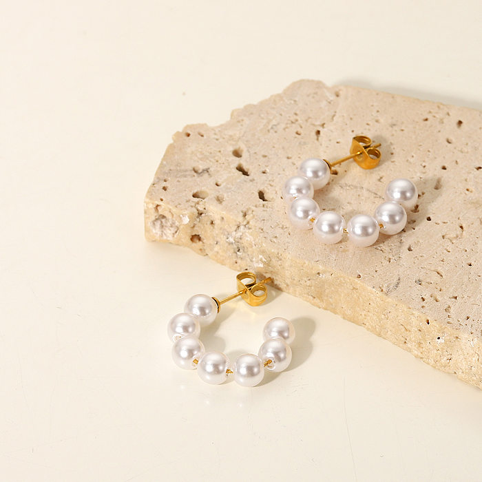 Boucles d'oreilles simples en acier inoxydable plaqué or 20 carats avec grosses perles de 18 mm en forme de C