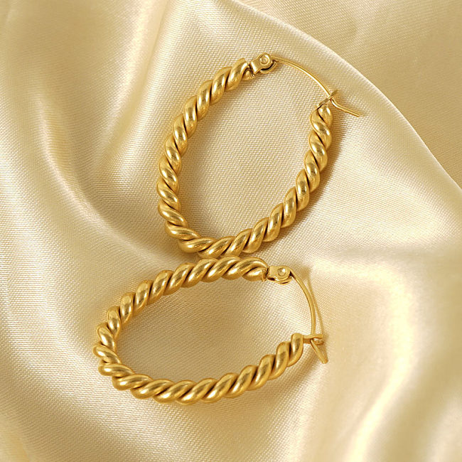 1 paire de boucles d'oreilles créoles plaquées or 18 carats, Style moderne et Simple, à rayures en spirale, en acier inoxydable