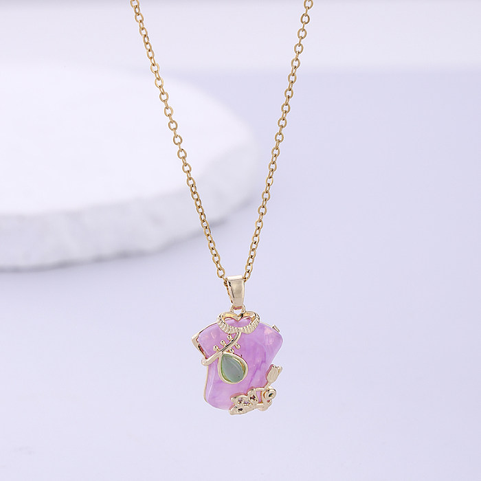 Chinoiserie Cheongsam Dress Stainless Steel  Copper Plating Inlay Zircon 18K Gold Plated Pendant Necklace