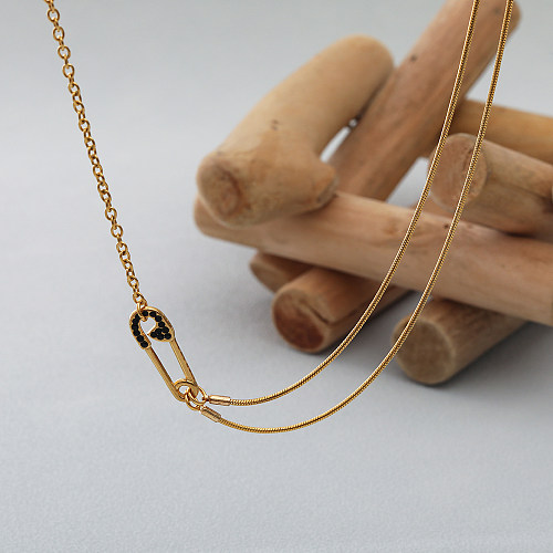 Mode-Pin-Halsketten aus Edelstahl mit vergoldetem Inlay und Strasssteinen, 1 Stück