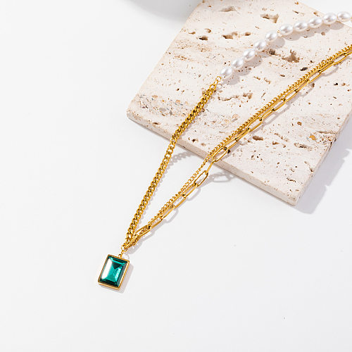 Retro Square Stainless Steel Plating Inlay Zircon Pendant Necklace