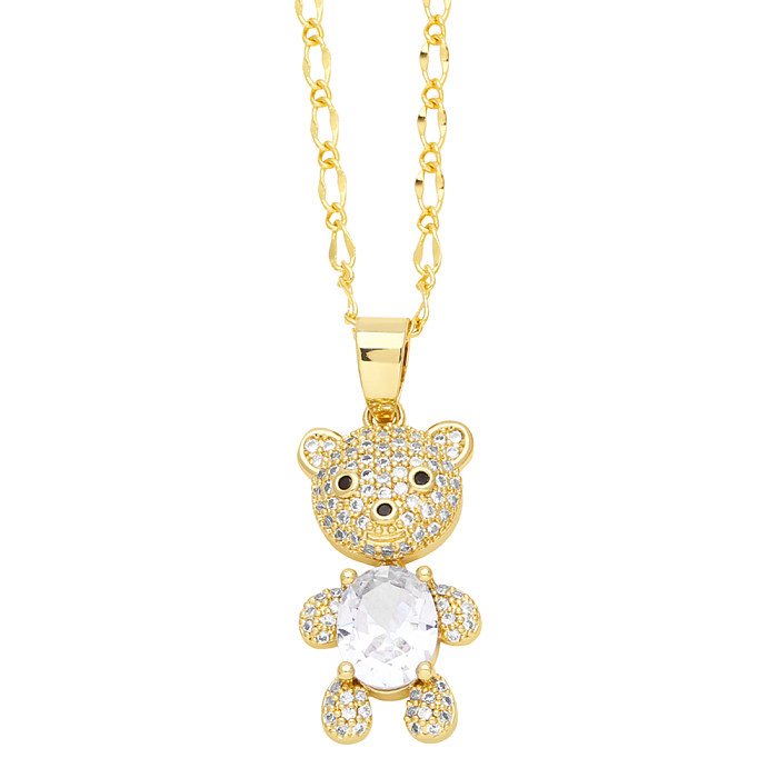 Cute Sweet Little Bear Stainless Steel  Copper Plating Inlay Zircon 18K Gold Plated Necklace