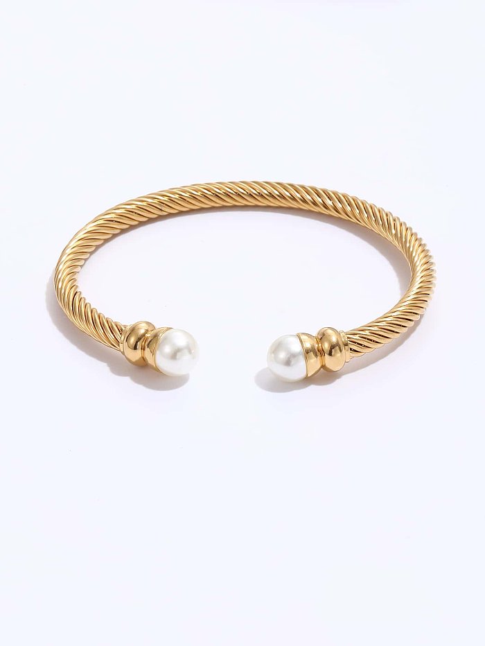 Fashion Simple Stainless Steel Electroplated 18K Gold Wire Woven Pearl C- Shaped Open Bracelet