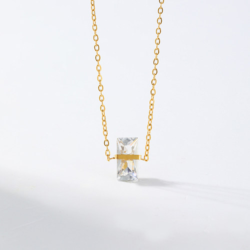 Elegant Rectangle Stainless Steel  Plating Inlay Zircon 18K Gold Plated Pendant Necklace Long Necklace