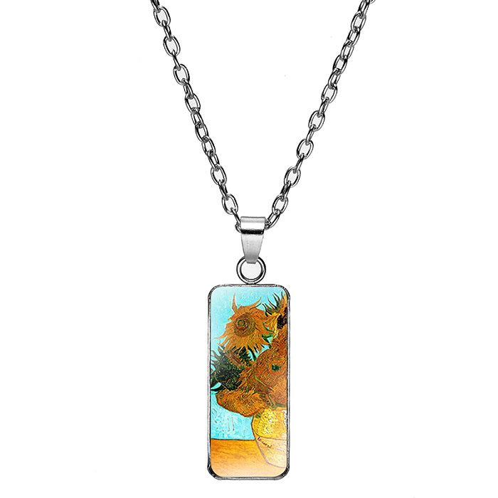 Halskette mit Anhänger im klassischen Stil mit Sonnenblume und Sternenhimmel, Edelstahl-Inlay, Glas, 18 Karat vergoldet, vergoldet, platiniert