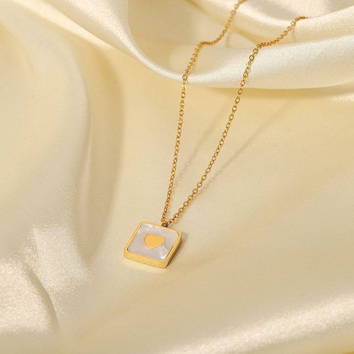 Simple 18K Gold Plated Stainless Steel  Heart-Shaped Square White Shell Necklace