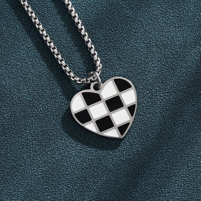 Cute Simple Style Lattice Heart Shape Stainless Steel  Enamel Plating White Gold Plated Platinum Plated Pendant Necklace