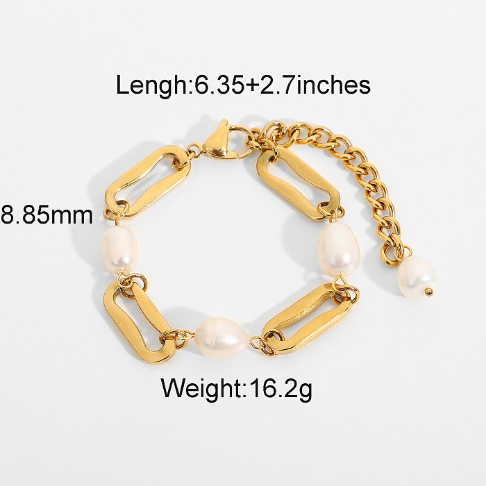 Bracelet en acier inoxydable plaqué or avec chaîne rectangulaire en perles baroques