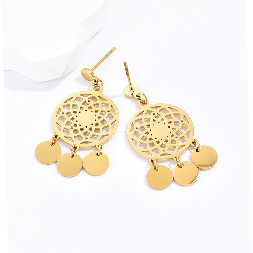 Ethnic Style Round Stainless Steel  Earrings Tassel Hollow Out Stainless Steel  Earrings 1 Pair