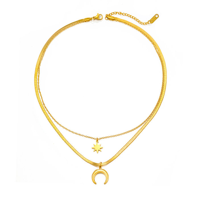 Mehrschichtige Retro-Stern-Mond-Halskette aus Edelstahl, 1 Stück