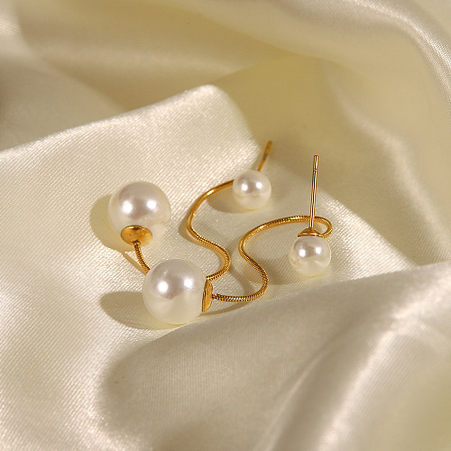 Boucles d'oreilles rondes élégantes en acier inoxydable avec incrustation de perles, 1 paire