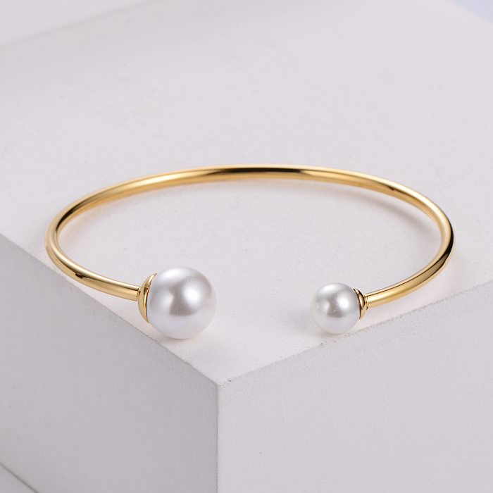 Wholesale Elegant C Shape Pearl Titanium Steel Cuff Bracelets