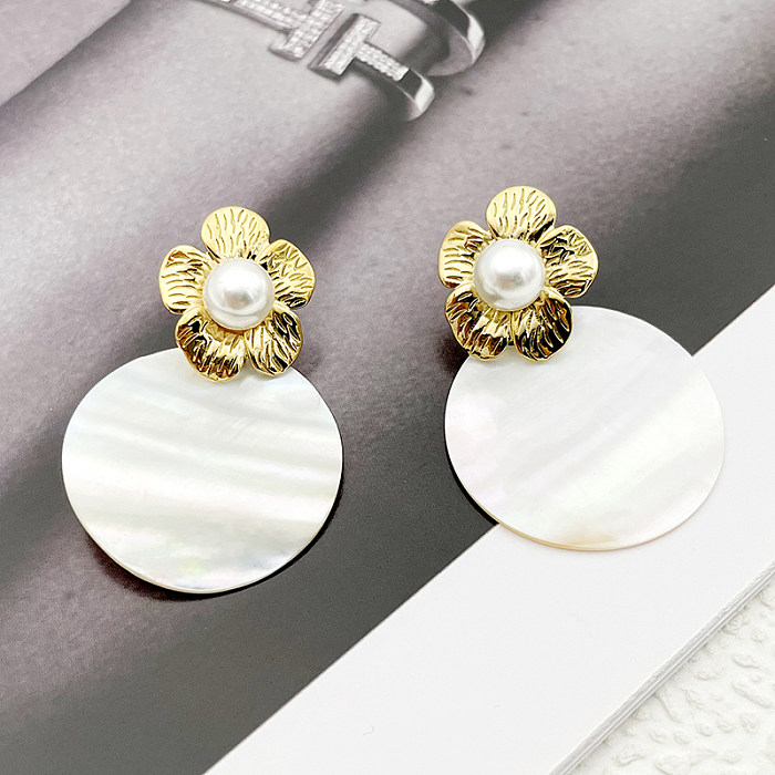 1 Pair Elegant Cute Simple Style Flower Plating Inlay Stainless Steel  Shell Gold Plated Drop Earrings