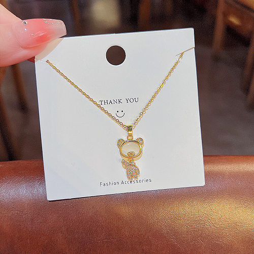 Cute Sweet Bear Stainless Steel Plating Inlay Opal Zircon Gold Plated Pendant Necklace