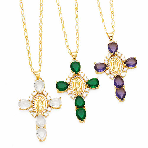 Artistic Human Cross Stainless Steel  Copper Plating Inlay Zircon 18K Gold Plated Pendant Necklace