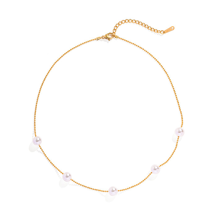 1 Stück modische runde Edelstahl-Halskette mit künstlicher Perlenbeschichtung