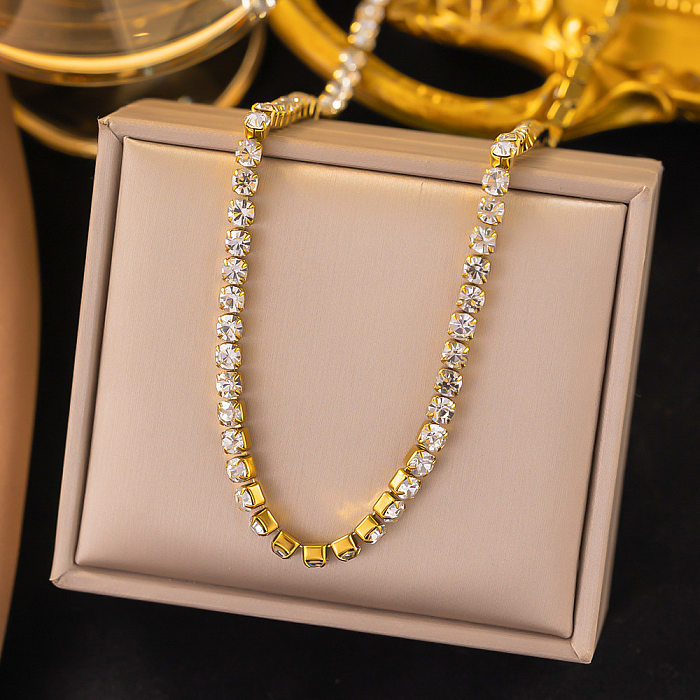 Luxuriöse geometrische Edelstahl-Inlay-Zirkon-Halskette mit 18-Karat-Vergoldung