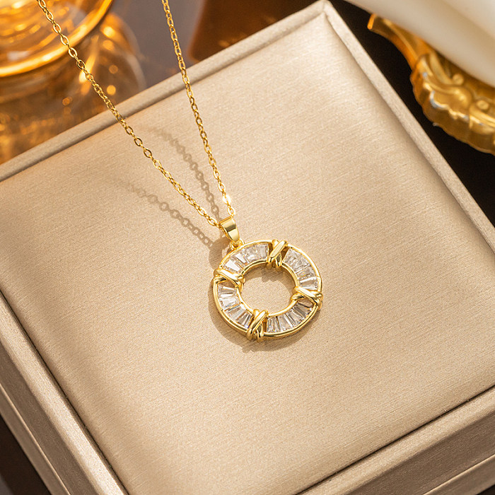Simple Style Shiny Circle Stainless Steel Plating Inlay Zircon 18K Gold Plated Pendant Necklace