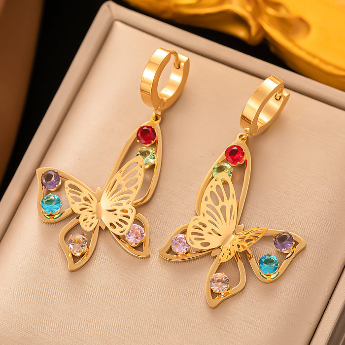 1 Paar elegante Schmetterlings-Inlay-Ohrringe aus Edelstahl mit Zirkon