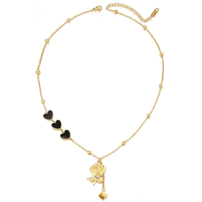 Modische Halskette mit Anhänger in Herzform, Blume, Edelstahl, Emaille, vergoldet, 1 Stück
