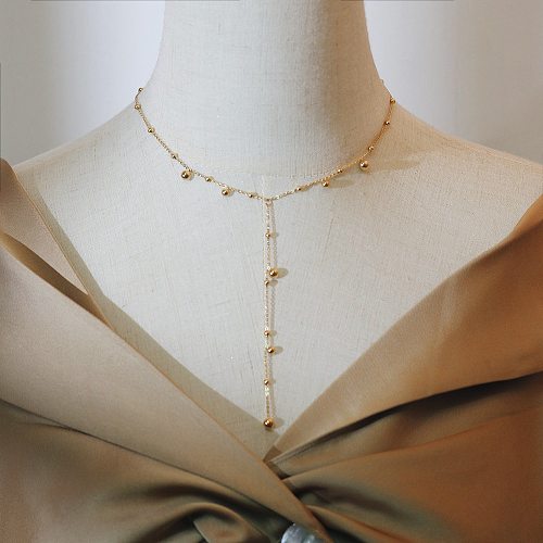 Design Y-shaped Tassel Long Chain Gold Beads Gold Ball Necklace Titanium Steel