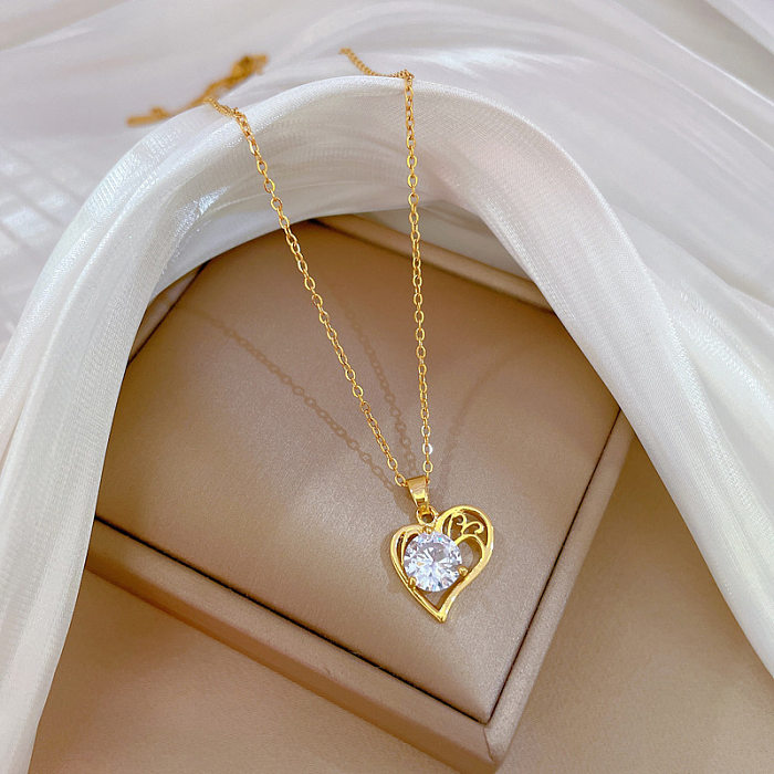Collier pendentif en forme de cœur doux en acier inoxydable, placage de cuivre, incrustation de Zircon plaqué or