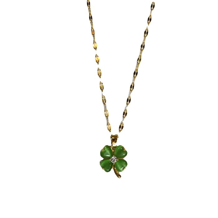 Fashion Four Leaf Clover Stainless Steel Inlay Opal Necklace