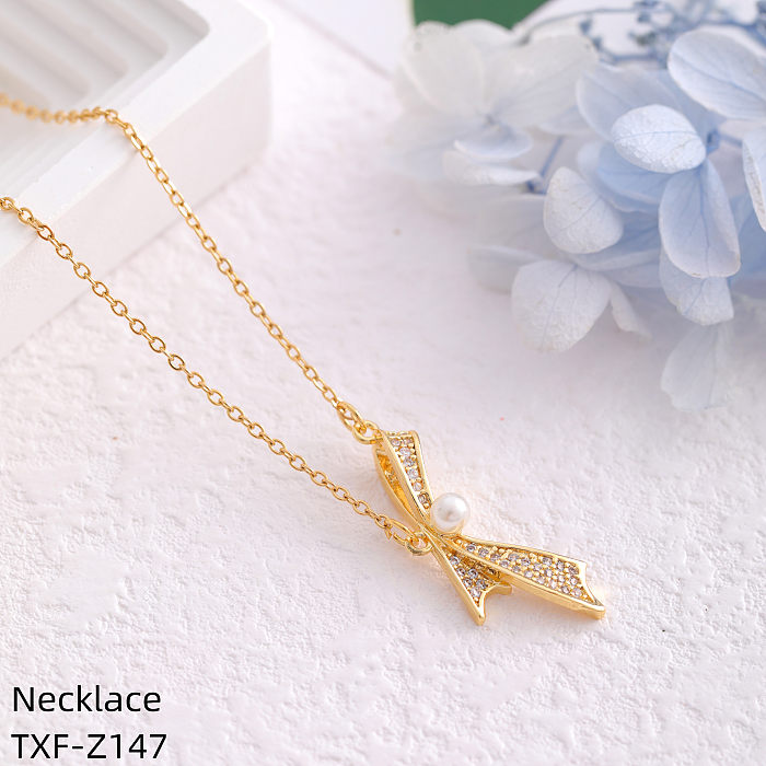 Romantic Simple Style Bow Knot Antlers Stainless Steel  Plating Inlay Artificial Pearls Rhinestones Gold Plated Necklace