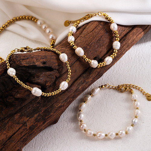 Bracelets plaqués or 18 carats avec perles d'eau douce en acier inoxydable de vacances