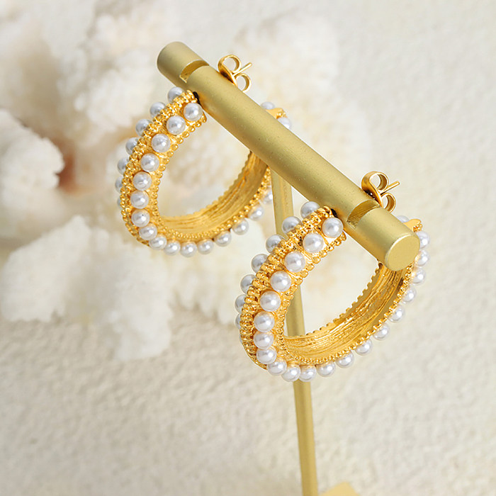 1 Pair Lady Baroque Style Geometric Plating Inlay Stainless Steel Artificial Pearls 18K Gold Plated Ear Studs