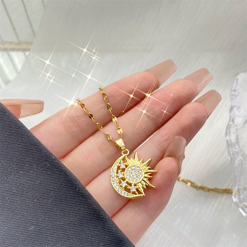 Artistic Sun Moon Stainless Steel  Copper Plating Inlay Zircon Pendant Necklace