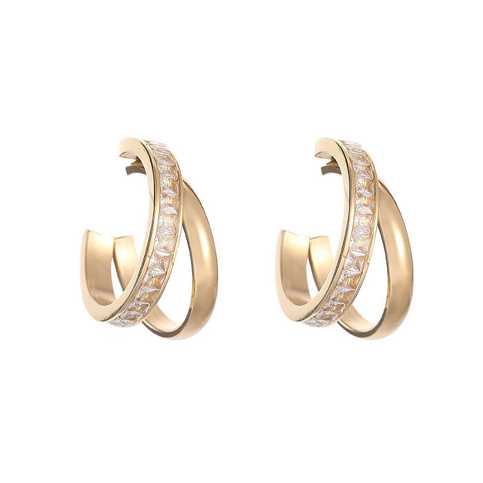1 Pair Retro C Shape Stainless Steel Plating Inlay Zircon 14K Gold Plated Earrings