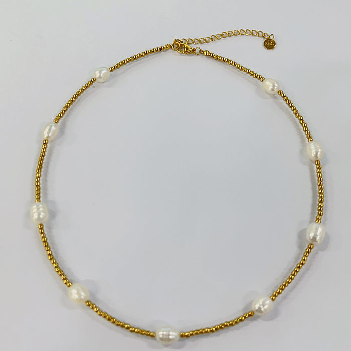 IG Style Süße ovale Halskette aus Edelstahl mit Süßwasserperlen, handgefertigt, 18 Karat vergoldet