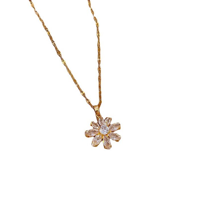 Fashion Flower Stainless Steel Copper Inlay Zircon Pendant Necklace