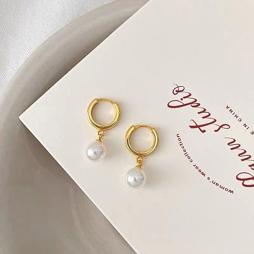 1 Paar elegante, schlichte, runde, plattierte Inlay-Ohrringe aus Edelstahl mit Perlen