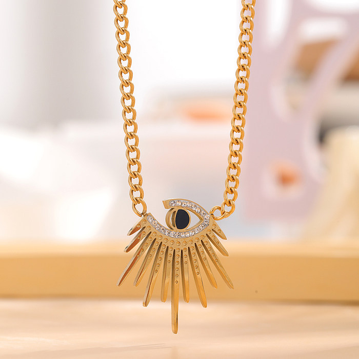 Retro Artistic Eye Stainless Steel Enamel Plating Inlay Rhinestones Gold Plated Pendant Necklace