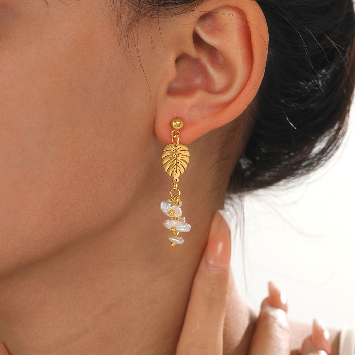 Modische Tropfen-Ohrringe mit Blättern und Blumen aus Edelstahl mit Perlenbeschichtung, 1 Paar