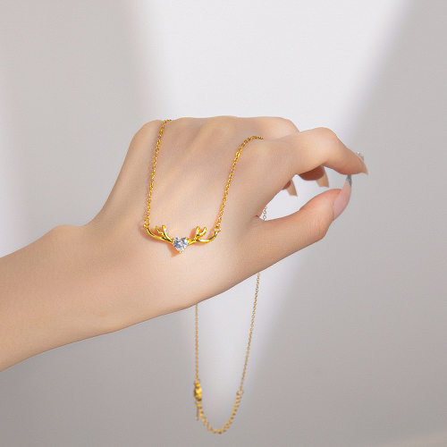 IG Style Simple Style Heart Shape Antlers Stainless Steel Copper Plating Inlay Zircon Necklace