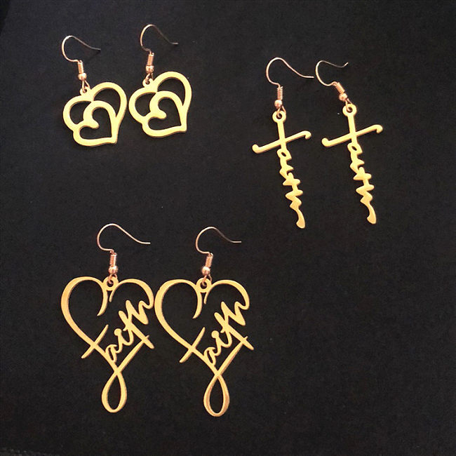 1 Pair Fashion Cross Letter Heart Shape Stainless Steel  Patchwork Drop Earrings