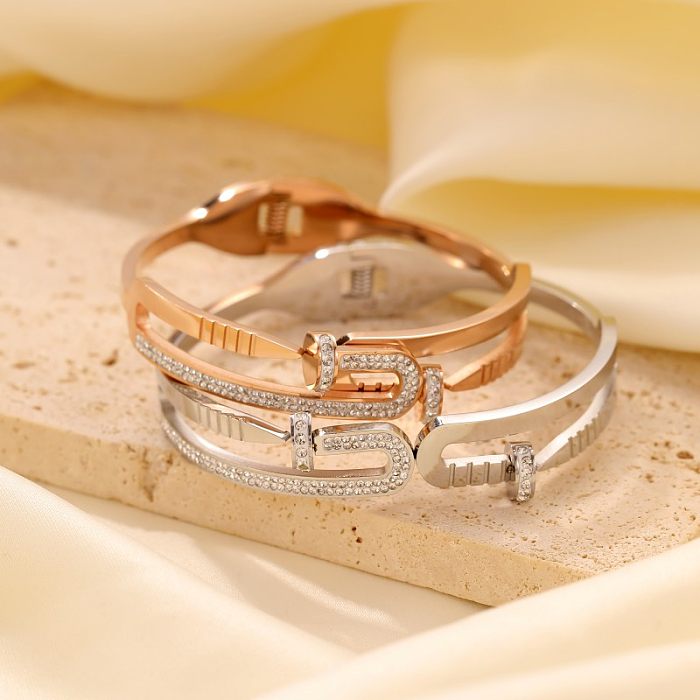 Comutar pulseira banhada a ouro rosa de zircônia com revestimento de polimento de aço inoxidável de cor sólida